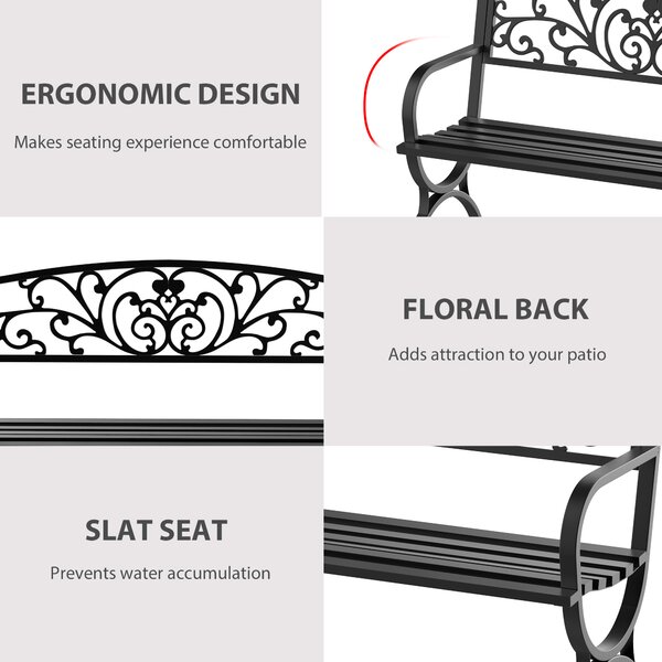 Outsunny 2-Seater Metal Garden Bench, Durable Outdoor Loveseat for Park or Porch, Elegant Design, Black Aosom UK