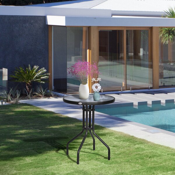 Outsunny Round Metal Garden Table, 60cm Diameter Tempered Glass Top, Outdoor Patio Furniture, Black Aosom UK