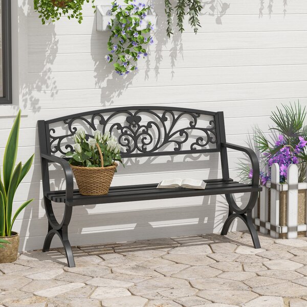 Outsunny 2-Seater Metal Garden Bench, Durable Outdoor Loveseat for Park or Porch, Elegant Design, Black Aosom UK