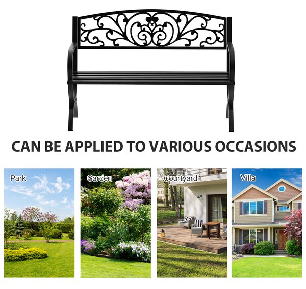 Outsunny 2-Seater Metal Garden Bench, Durable Outdoor Loveseat for Park or Porch, Elegant Design, Black Aosom UK