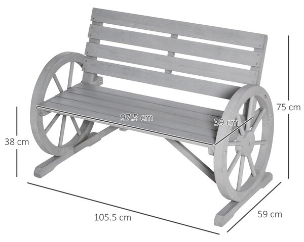 Outsunny 2 Seater Garden Bench Outdoor Garden Armrest Chair with Wooden Cart Wagon Wheel Rustic High Back Grey