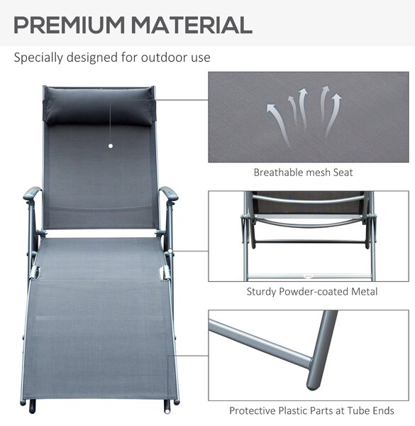 Outsunny Folding Sun Lounger, Texteline Recliner Chair, 5-Level Adjustable Patio Garden, Grey