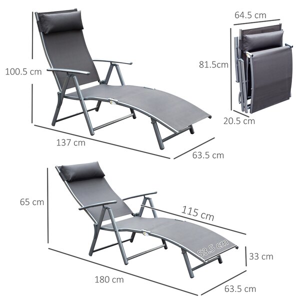 Outsunny Folding Sun Lounger, Texteline Recliner Chair, 5-Level Adjustable Patio Garden, Grey