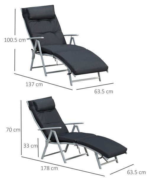 Outsunny Foldable Sun Lounger Garden Texteline Reclining Chair w/ Pillow, Adjustable Back, Thickened Cushion, Black Aosom UK