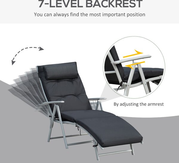 Outsunny Foldable Sun Lounger Garden Texteline Reclining Chair w/ Pillow, Adjustable Back, Thickened Cushion, Black Aosom UK