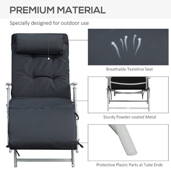 Outsunny Foldable Sun Lounger Garden Texteline Reclining Chair w/ Pillow, Adjustable Back, Thickened Cushion, Black Aosom UK