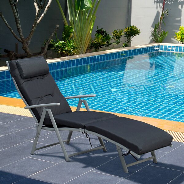 Outsunny Foldable Sun Lounger Garden Texteline Reclining Chair w/ Pillow, Adjustable Back, Thickened Cushion, Black Aosom UK