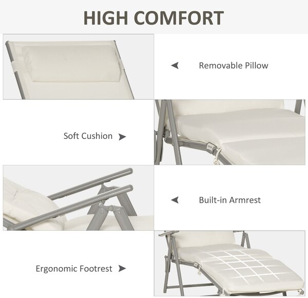 Outsunny Garden Sun Lounger: Foldable Reclining Chair with Pillow, Texteline Fabric, Adjustable Backrest, Cream White Aosom UK