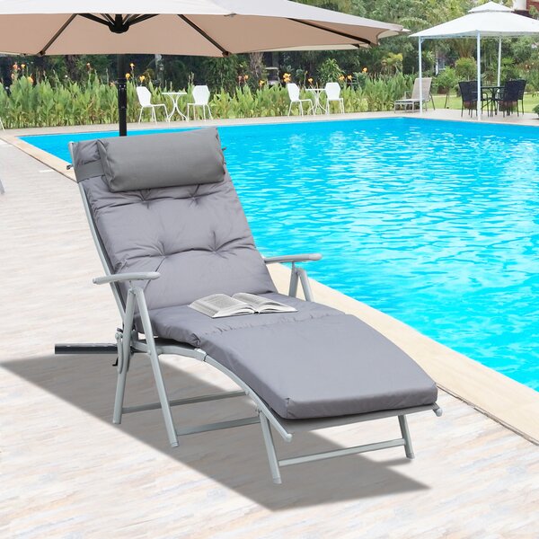 Outsunny Outdoor Patio Sun Lounger Garden Texteline Foldable Reclining Chair Pillow Adjustable Recliner with Cushion - Grey Aosom UK
