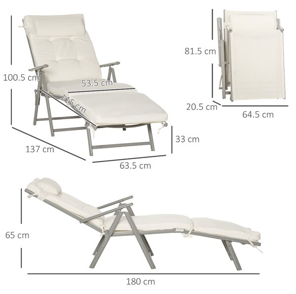 Outsunny Garden Sun Lounger: Foldable Reclining Chair with Pillow, Texteline Fabric, Adjustable Backrest, Cream White Aosom UK