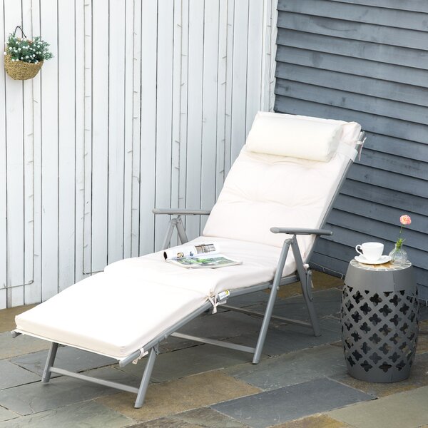 Outsunny Garden Sun Lounger: Foldable Reclining Chair with Pillow, Texteline Fabric, Adjustable Backrest, Cream White Aosom UK
