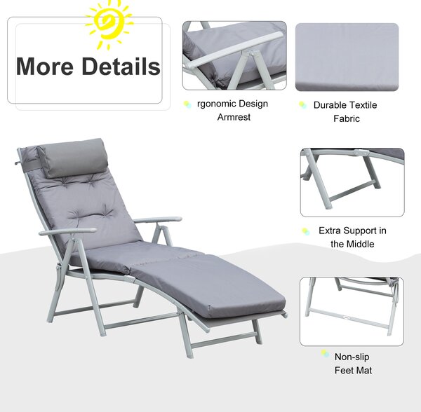 Outsunny Outdoor Patio Sun Lounger Garden Texteline Foldable Reclining Chair Pillow Adjustable Recliner with Cushion - Grey Aosom UK