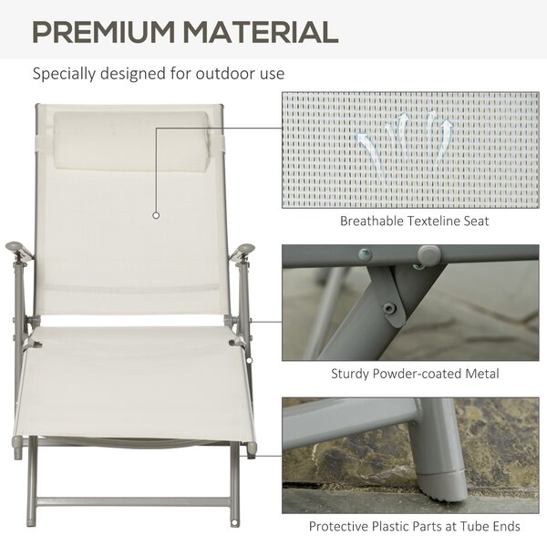 Outsunny Garden Sun Lounger: Foldable Reclining Chair with Pillow, Texteline Fabric, Adjustable Backrest, Cream White Aosom UK