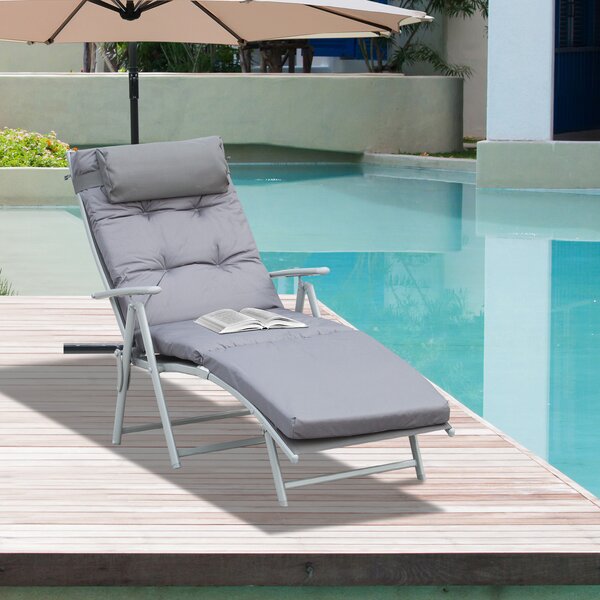 Outsunny Outdoor Patio Sun Lounger Garden Texteline Foldable Reclining Chair Pillow Adjustable Recliner with Cushion - Grey Aosom UK