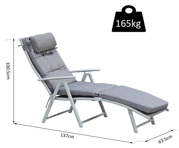 Outsunny Outdoor Patio Sun Lounger Garden Texteline Foldable Reclining Chair Pillow Adjustable Recliner with Cushion - Grey Aosom UK