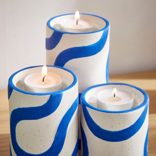 Set of 3 Elements Blue Abstract Swirl Tealight Holders