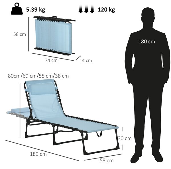Outsunny Folding Sun Lounger, Beach Chaise Chair, 4 Position Adjustable, Garden Cot Camping Recliner, Baby Blue Aosom UK