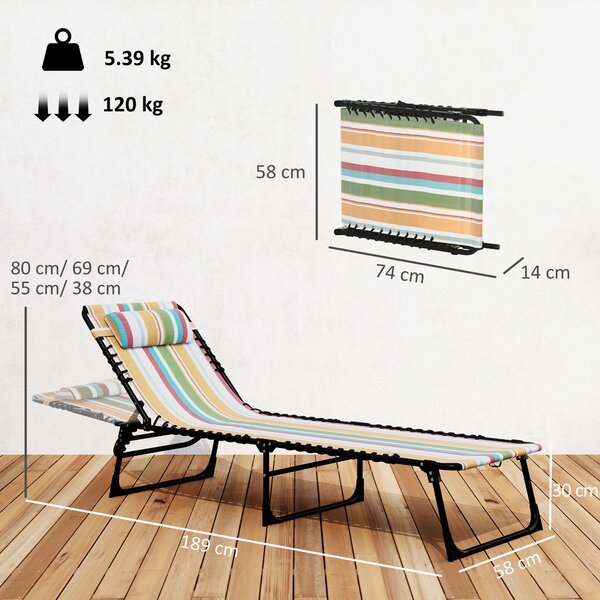 Outsunny Folding Sun Lounger, Multicoloured Beach Chaise Chair, Garden Reclining Cot, 4 Position Adjustable, Camping Hiking Recliner Aosom UK