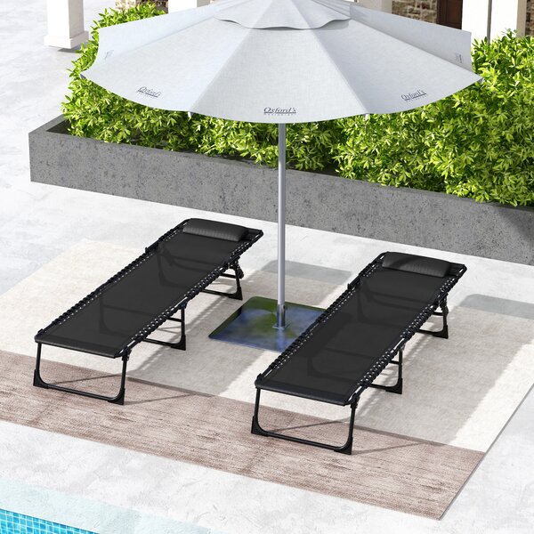 Outsunny Folding Sun Loungers, Pair of Beach Chaise Chairs, 4-Position Adjustable, Portable for Camping, Black