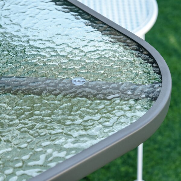 Outsunny Glass Top Garden Table Curved Metal Frame w/ Parasol Hole 4 Legs Outdoor Balcony Sturdy Friends Family Dining Table -Grey Aosom UK