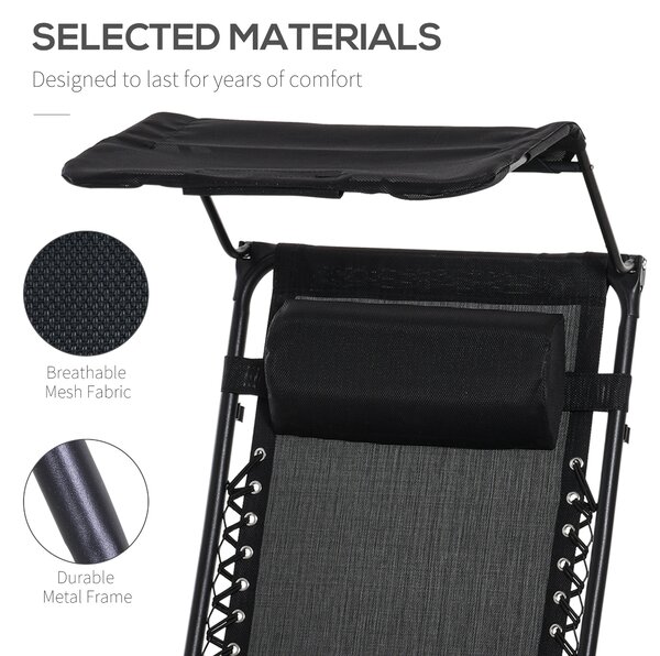 Outsunny Zero Gravity Garden Deck Folding Chair Patio Sun Lounger Reclining Seat with Cup Holder & Canopy Shade - Black Aosom UK