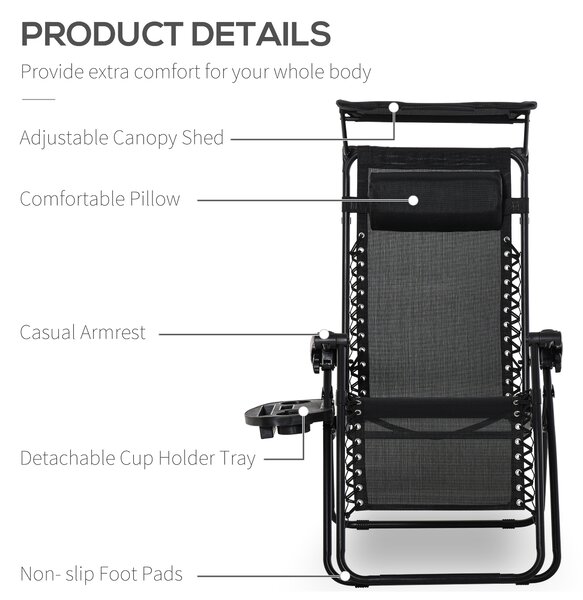 Outsunny Zero Gravity Garden Deck Folding Chair Patio Sun Lounger Reclining Seat with Cup Holder & Canopy Shade - Black Aosom UK