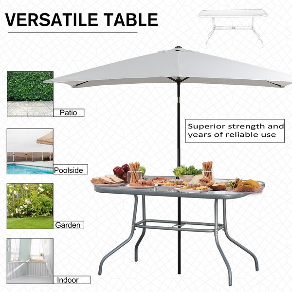 Outsunny Glass Top Garden Table Curved Metal Frame w/ Parasol Hole 4 Legs Outdoor Balcony Sturdy Friends Family Dining Table -Grey Aosom UK