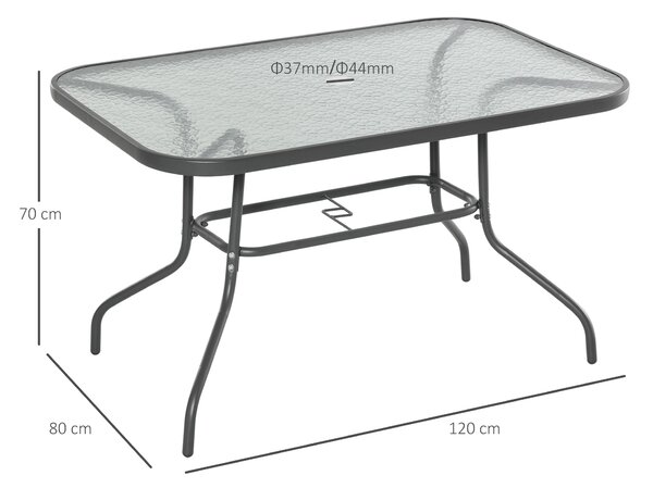 Outsunny Glass Top Garden Table Curved Metal Frame w/ Parasol Hole 4 Legs Outdoor Balcony Sturdy Friends Family Dining Table -Grey Aosom UK