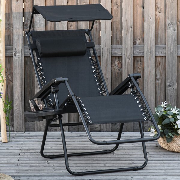 Outsunny Zero Gravity Garden Deck Folding Chair Patio Sun Lounger Reclining Seat with Cup Holder & Canopy Shade - Black Aosom UK