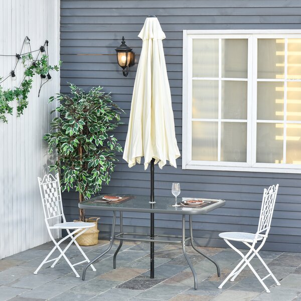 Outsunny Glass Top Garden Table Curved Metal Frame w/ Parasol Hole 4 Legs Outdoor Balcony Sturdy Friends Family Dining Table -Grey Aosom UK