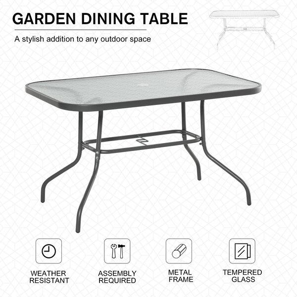 Outsunny Glass Top Garden Table Curved Metal Frame w/ Parasol Hole 4 Legs Outdoor Balcony Sturdy Friends Family Dining Table -Grey Aosom UK