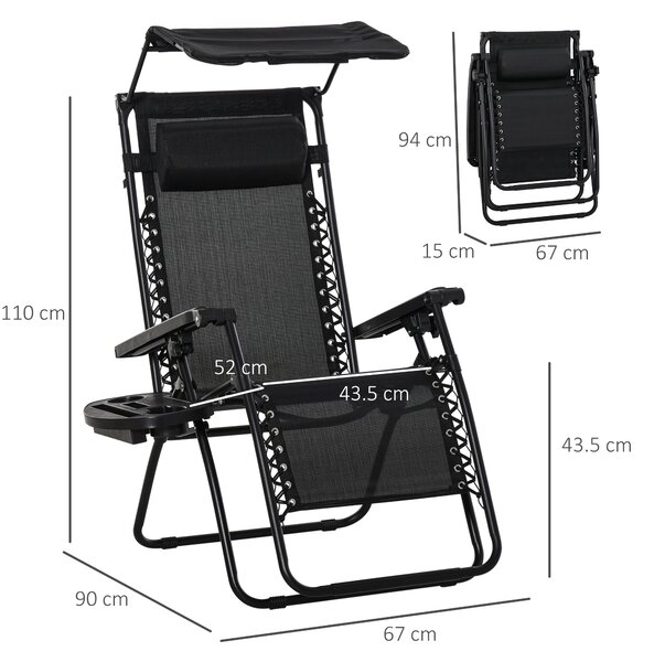Outsunny Zero Gravity Garden Deck Folding Chair Patio Sun Lounger Reclining Seat with Cup Holder & Canopy Shade - Black Aosom UK