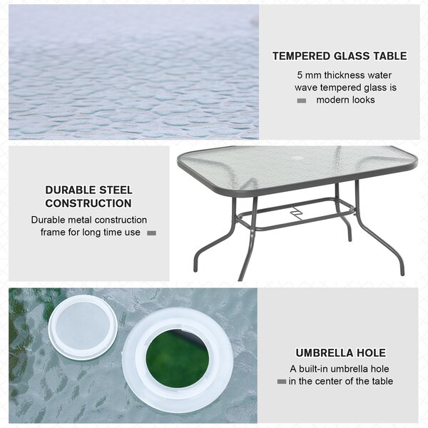Outsunny Glass Top Garden Table Curved Metal Frame w/ Parasol Hole 4 Legs Outdoor Balcony Sturdy Friends Family Dining Table -Grey Aosom UK