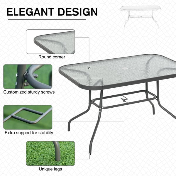Outsunny Glass Top Garden Table Curved Metal Frame w/ Parasol Hole 4 Legs Outdoor Balcony Sturdy Friends Family Dining Table -Grey Aosom UK