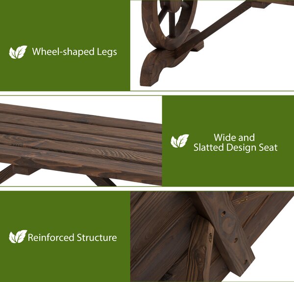 Outsunny Garden Rustic Wooden Bench Wheel-Shaped Legs Slatted Seats Stable Reinforced Structure Outdoor Patio Garden 2-Person Bench Seat - Brown