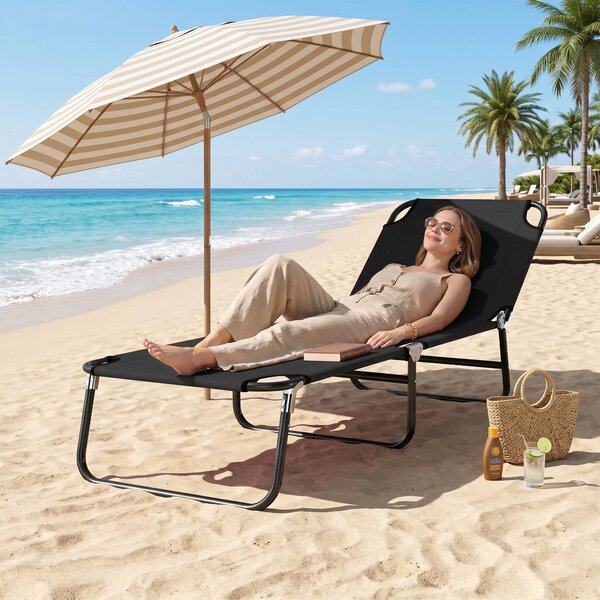 Outsunny Portable Sun Lounger: Folding Recliner for Poolside Relaxation, Adjustable Backrest, Jet Black