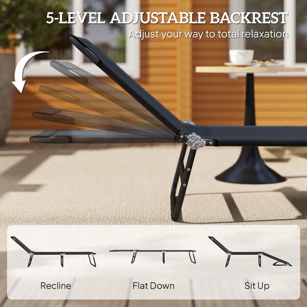 Outsunny Portable Sun Lounger: Folding Recliner for Poolside Relaxation, Adjustable Backrest, Jet Black