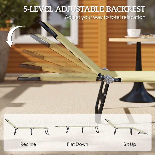 Outsunny Portable Sun Lounger, Folding, 5-Position Adjustable Backrest, Lightweight Frame, Ideal for Pool or Sunbathing, Beige. Aosom UK