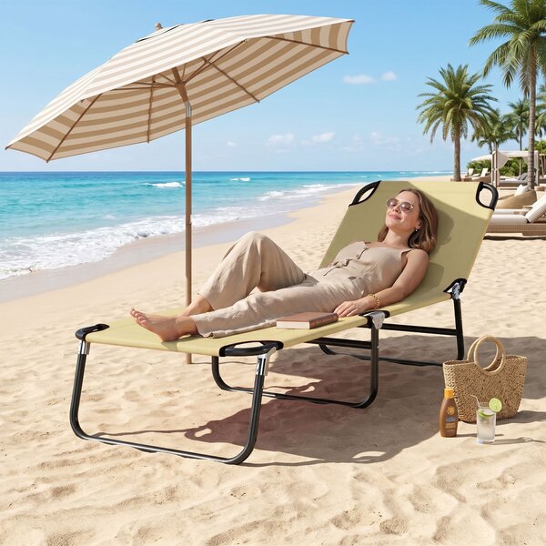 Outsunny Portable Sun Lounger, Folding, 5-Position Adjustable Backrest, Lightweight Frame, Ideal for Pool or Sunbathing, Beige. Aosom UK