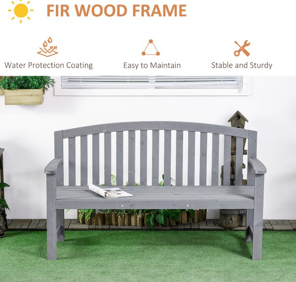 Outsunny 2 Seater Wooden Garden Bench with Armrest, Outdoor Furniture Chair for Park, Balcony, Grey