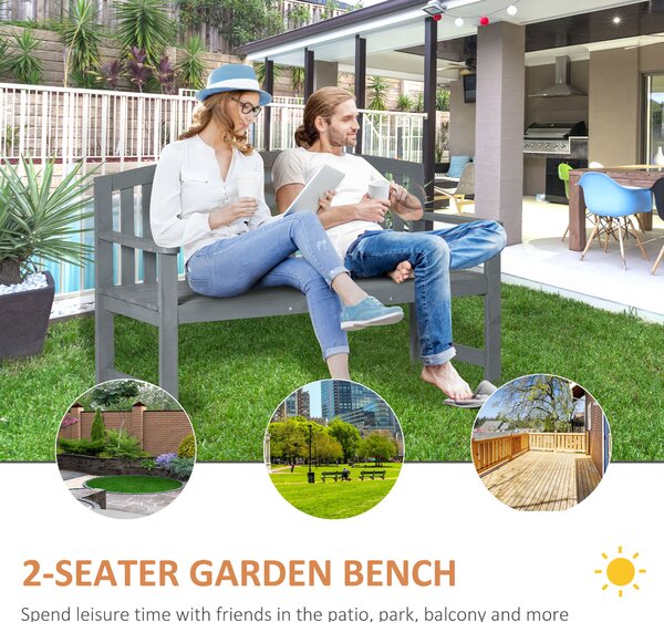 Outsunny 2 Seater Wooden Garden Bench with Armrest, Outdoor Furniture Chair for Park, Balcony, Grey