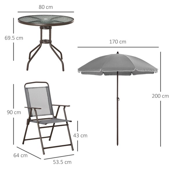 Outsunny 6 Piece Patio Dining Set with Umbrella, 4 Folding Dining Chairs & Round Tempered Glass Table for Backyard and Poolside, Grey Aosom UK