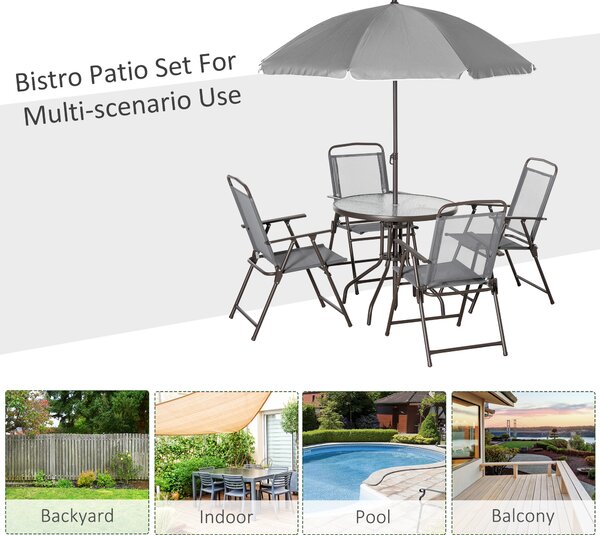 Outsunny 6 Piece Patio Dining Set with Umbrella, 4 Folding Dining Chairs & Round Tempered Glass Table for Backyard and Poolside, Grey Aosom UK