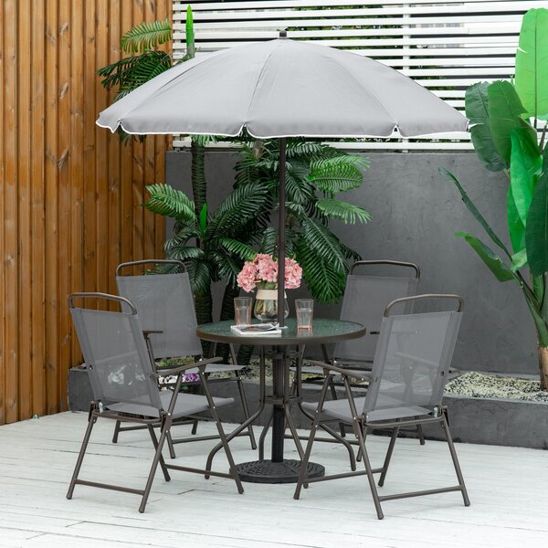 Outsunny 6 Piece Patio Dining Set with Umbrella, 4 Folding Dining Chairs & Round Tempered Glass Table for Backyard and Poolside, Grey Aosom UK
