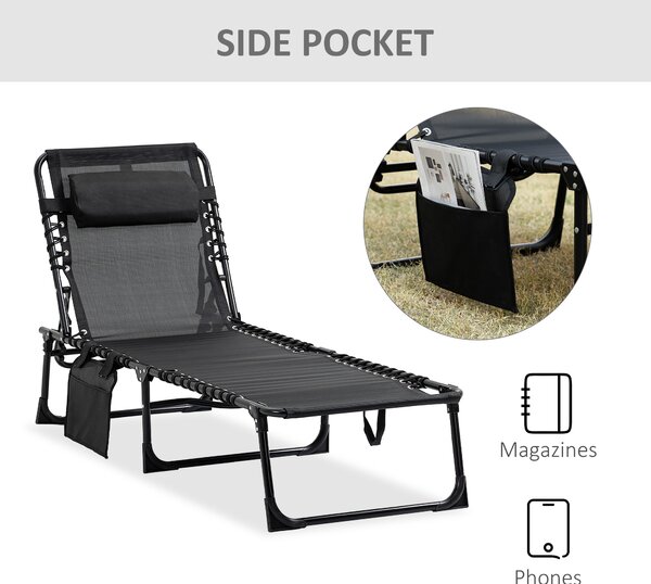 Outsunny Folding Camping Bed, Portable Reclining Lounge Chair with Adjustable Backrest & Side Pocket, Black