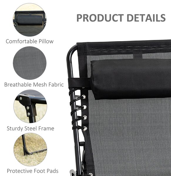 Outsunny Portable Sun Lounger Set of 2, Folding Camping Bed Cot with 5-position Adjustable Backrest, Side Pocket and Pillow, Black