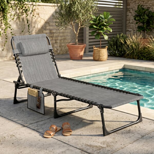 Outsunny Folding Sun Lounger, Portable Reclining Camping Bed with 5-Position Adjustable Backrest, Pillow Included, Mixed Grey
