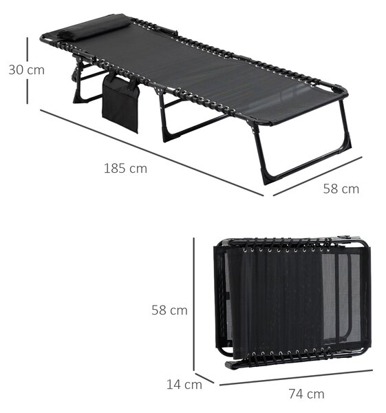 Outsunny Folding Camping Bed, Portable Reclining Lounge Chair with Adjustable Backrest & Side Pocket, Black