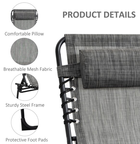 Outsunny Portable Sun Lounger Set of 2, Folding Camping Bed Cot, Reclining Lounge Chair 5-position Adjustable Backrest, Mixed Grey