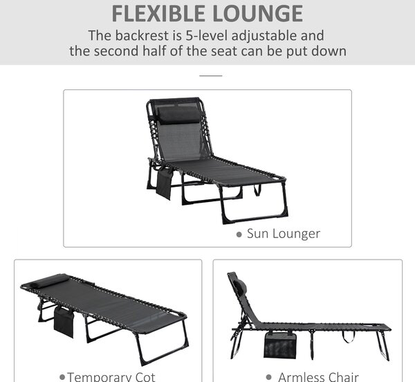 Outsunny Folding Camping Bed, Portable Reclining Lounge Chair with Adjustable Backrest & Side Pocket, Black